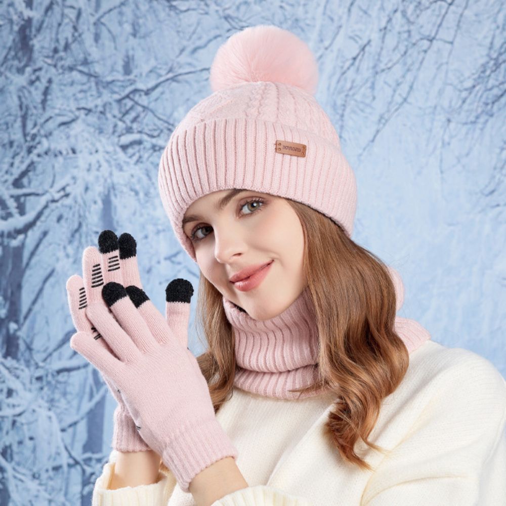 Wool Glove Lined - 3'lü Sade Düz Renk Şapka Atkı